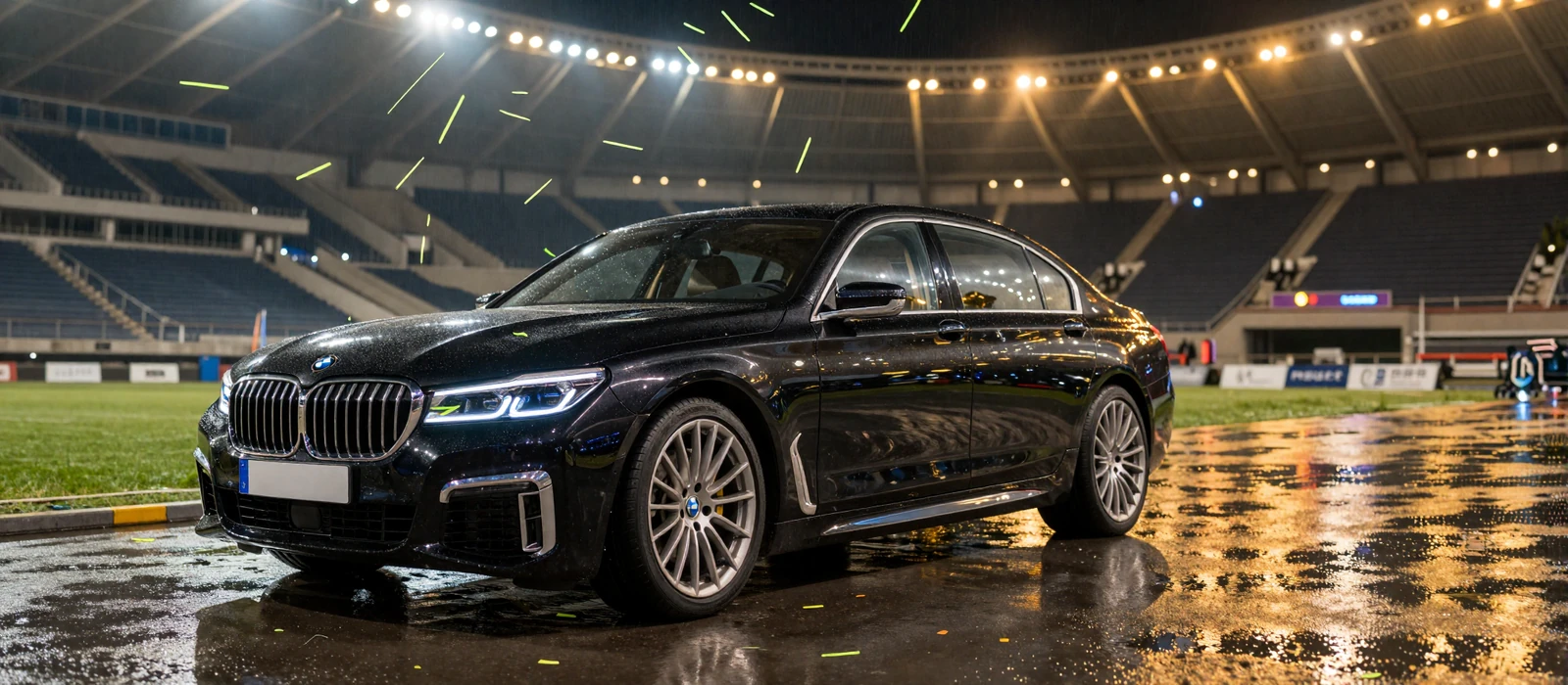 Schwarzer BMW 7er auf dem Stadionrasen im Flutlicht mit Konfetti - Golazzo BMW Verlosung