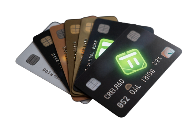 Aufgef&auml;cherte Kreditkarten und E-Wallet-Symbole mit limettengr&uuml;nem Gl&uuml;hen - Golazzo Einzahlung per Karte und E-Wallet