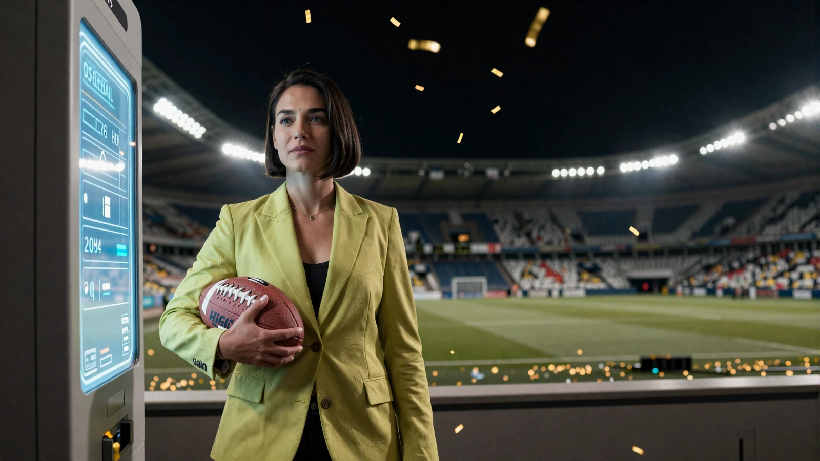Sportliche Frau im limettengr&uuml;nen Blazer mit Football neben Zahlungsterminal-Hologramm im Stadionflutlicht - Golazzo online casino paypal Zahlungen