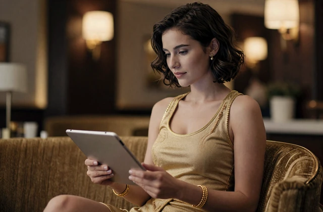 Elegante Frau in goldverzierter Sportkleidung pr&uuml;ft ein Tablet in der VIP-Lounge - Golazzo VIP-Auszahlungslimits