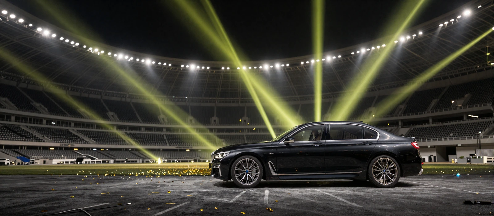 Schwarzer BMW 7er auf dem Stadionrasen mit limettengr&uuml;nen Lichtstrahlen und Konfetti - Golazzo BMW-Verlosung