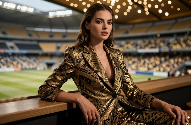 Elegante Frau im schwarz-goldenen Sport-Blazer in der VIP-Stadionloge - Golazzo VIP-Loge