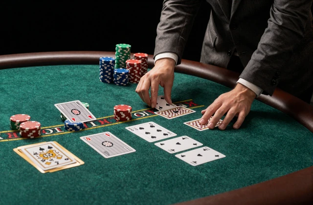 Live-Blackjack-Tisch mit gr&uuml;nem Filz, Karten und Chips unter Studiolicht - Golazzo Live-Casino Blackjack