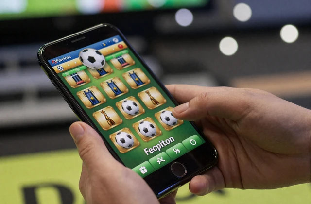 Hand h&auml;lt Smartphone mit football-thematisierter Casino-Lobby vor Stadion-Bokeh - Golazzo Mobile Casino
