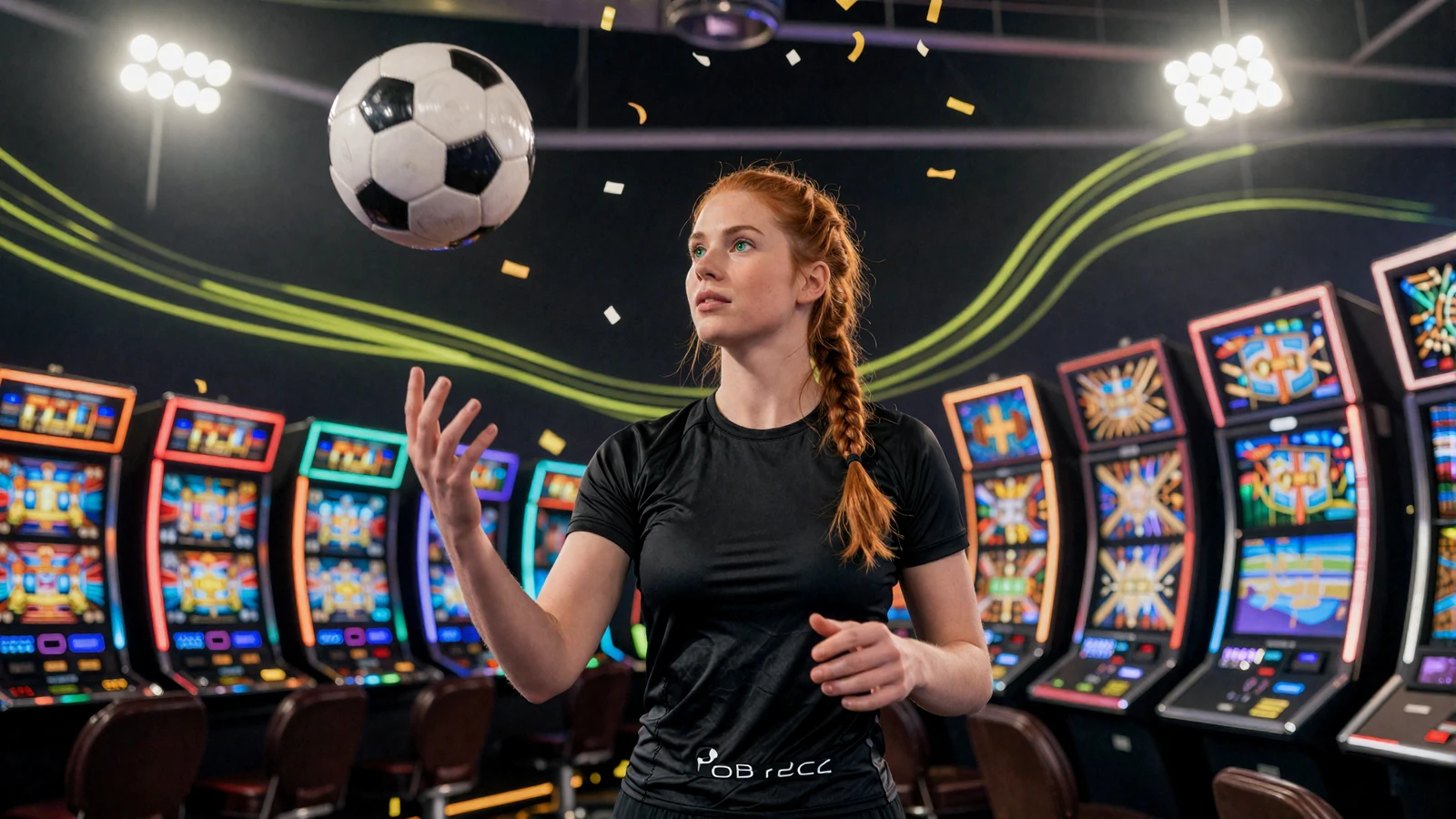 Sportliche Frau mit rotem Zopf jongliert einen Football vor leuchtenden Slot-Screens im Flutlicht - Golazzo Spielebibliothek