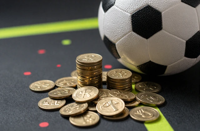 Gestapelte goldene M&uuml;nzen neben einem Football - erste Einzahlung Golazzo Willkommensbonus